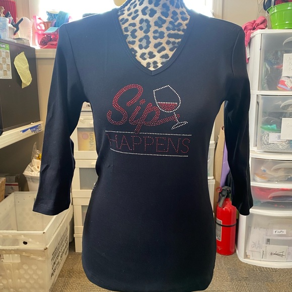 Sip Happens Wine 3/4 Sleeves V Neck T-Shirt New - Picture 1 of 3